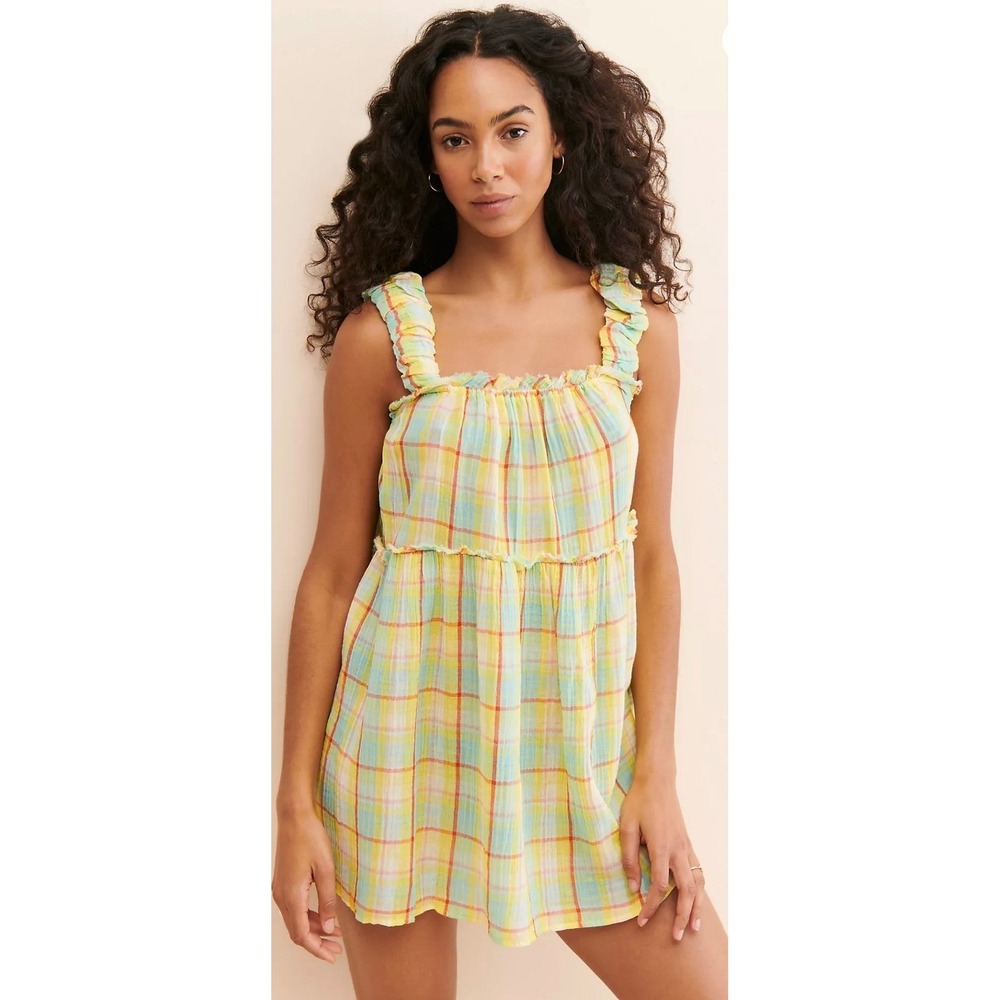 Anthropologie Plaid Gauze Mini Dress Yellow Blue Ruffle Strap Babydoll Small